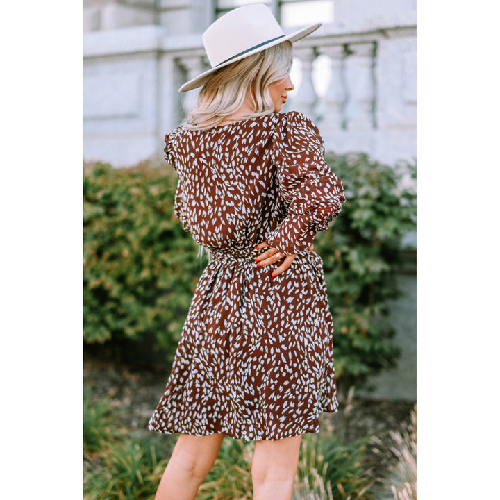 Womens Brown Leopard V Neck Bubble Sleeves Midi Dress Image 2