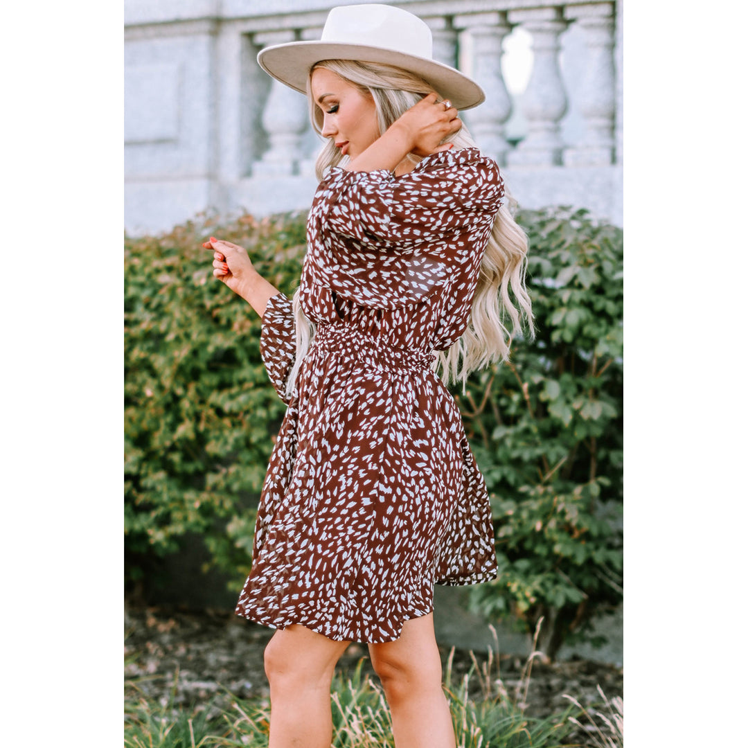 Womens Brown Leopard V Neck Bubble Sleeves Midi Dress Image 1