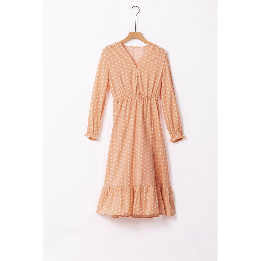 Womens Apricot Button Polka Dot High Slit Ruffled Midi Dress Image 1