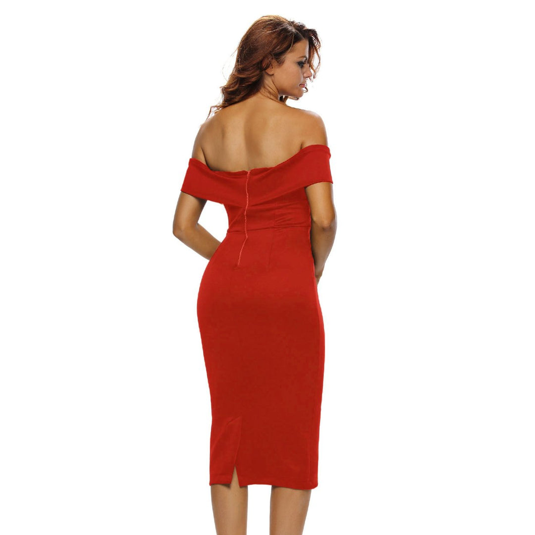 Womens Red Off-the-shoulder Midi Dress Image 1