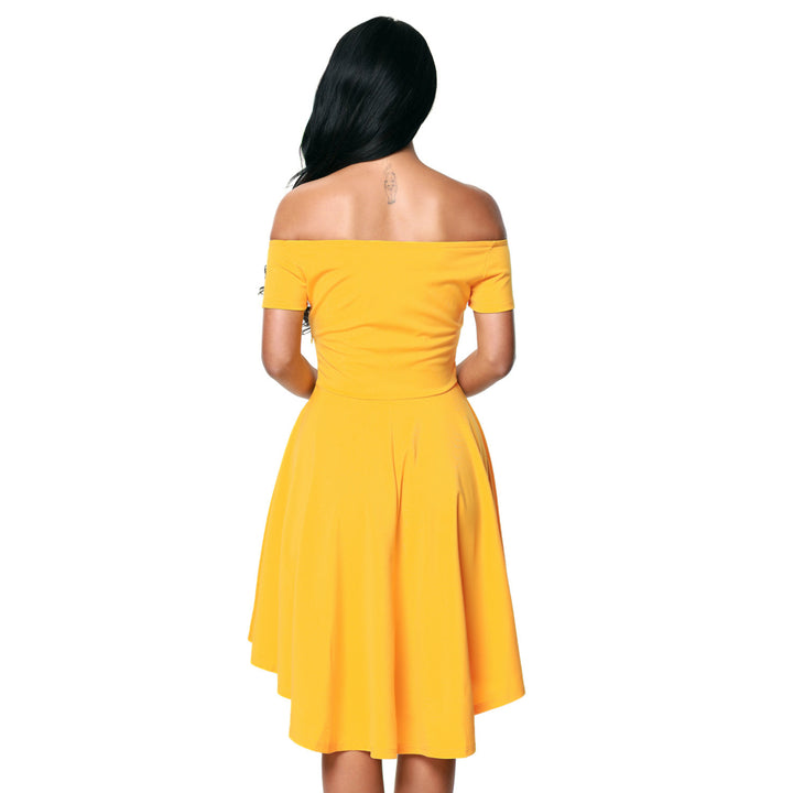 Womens Yellow High Low Short Sleeve Off Shoulder Mini Dress Image 2