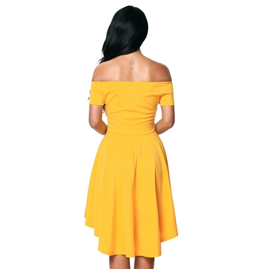 Womens Yellow High Low Short Sleeve Off Shoulder Mini Dress Image 1