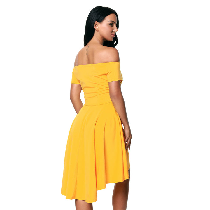 Womens Yellow High Low Short Sleeve Off Shoulder Mini Dress Image 1