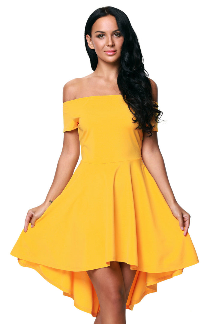 Womens Yellow High Low Short Sleeve Off Shoulder Mini Dress Image 3