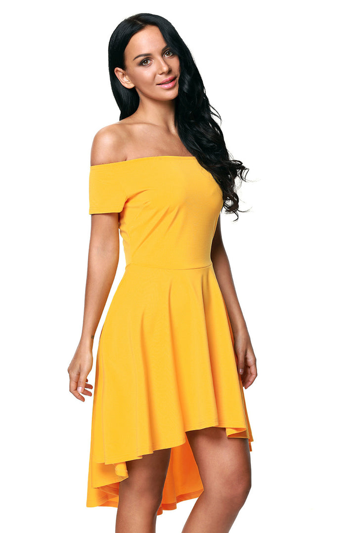 Womens Yellow High Low Short Sleeve Off Shoulder Mini Dress Image 4