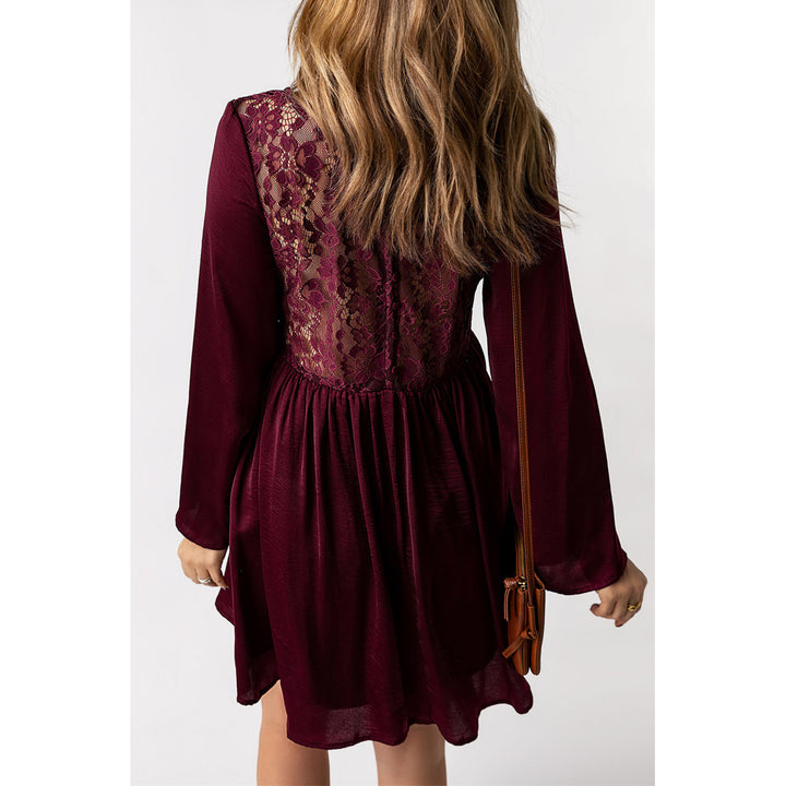 Women's Purple Buttoned Sheer Lace Back Long Sleeve Dress Image 1