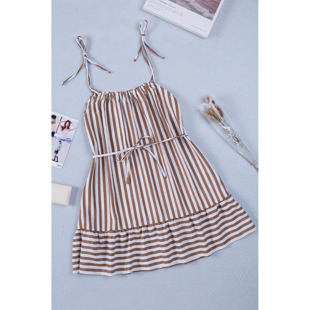 Womens Brown Striped Spaghetti Straps Mini Dress with Tie Image 1