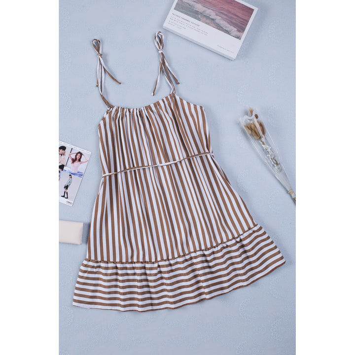 Womens Brown Striped Spaghetti Straps Mini Dress with Tie Image 2