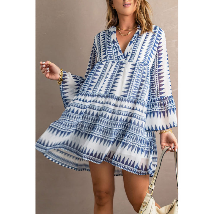 Womens Blue Geometric Print V neck Flare Half Sleeve Ruffle Swing Mini Dress Image 3