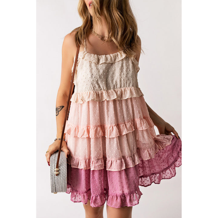 Women's Pink Ombre Swiss Dot Ruffled Tiered Mini Dress Image 1