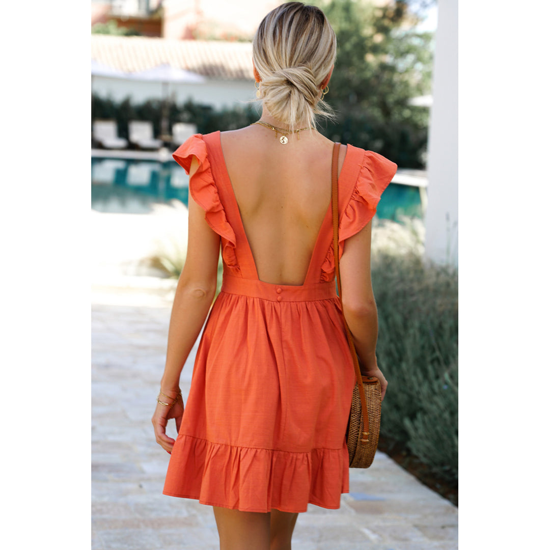 Women's Orange V Neck Ruffles Open Back A-line Mini Dress Image 1