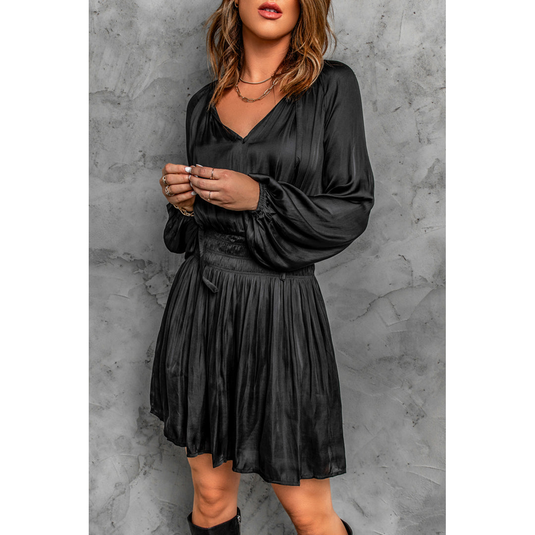 Women's Black Pleated Elastic High Waist Puff Sleeve Mini Dress Image 1