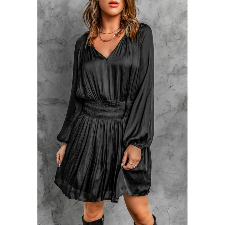 Women's Black Pleated Elastic High Waist Puff Sleeve Mini Dress Image 3