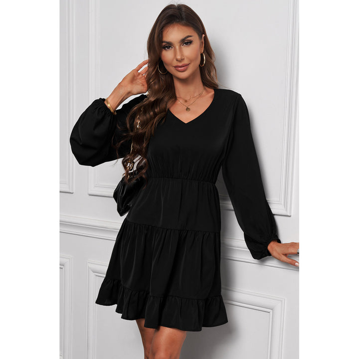 Womens Black Tiered Ruffle Balloon Sleeve Mini Dress Image 3