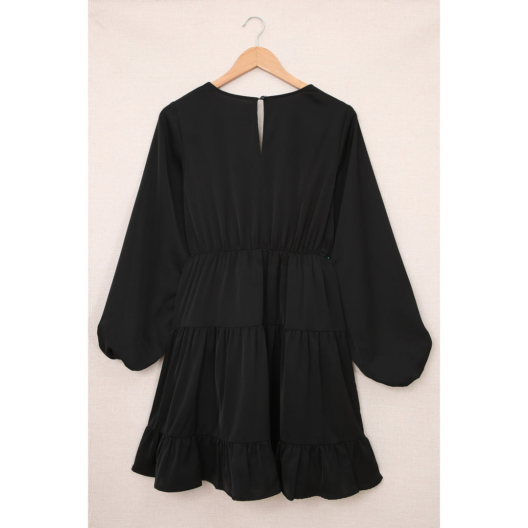 Womens Black Tiered Ruffle Balloon Sleeve Mini Dress Image 7