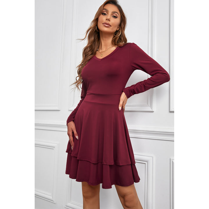 Womens Wine Red Long Sleeve V Neck Tiered Ruffle A-line Mini Dress Image 4