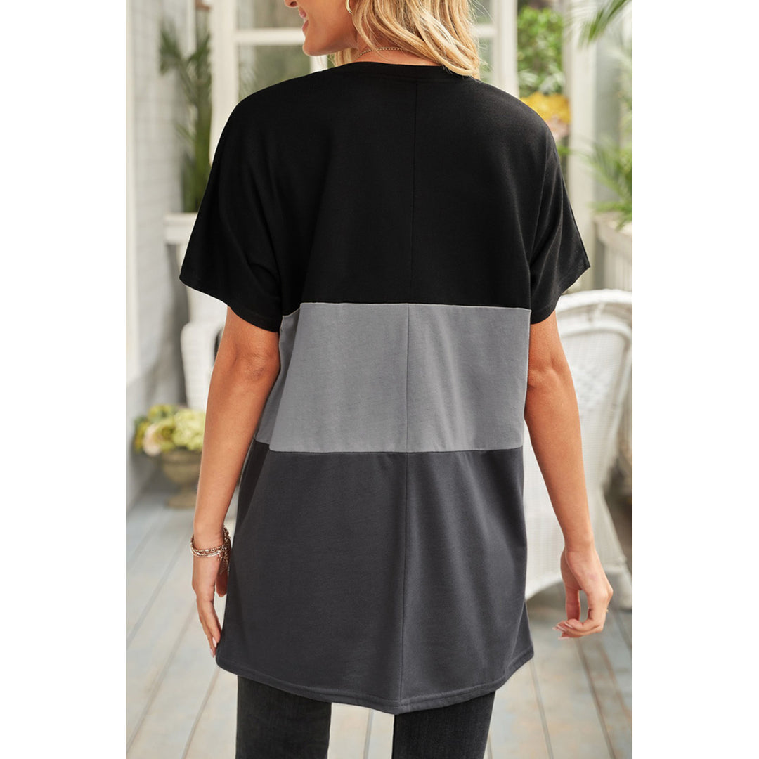 Womens Black Triple Colorblock Splicing Short Sleeve Mini Dress with Pockets Image 2