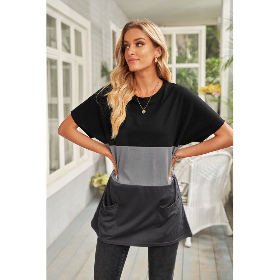 Womens Black Triple Colorblock Splicing Short Sleeve Mini Dress with Pockets Image 1