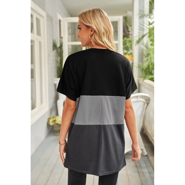 Womens Black Triple Colorblock Splicing Short Sleeve Mini Dress with Pockets Image 3
