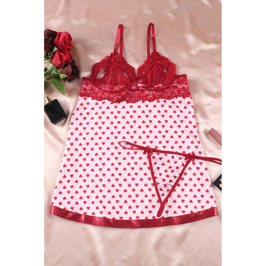 Womens Red Heart Shape Print Lace Crochet Babydoll Set Image 1