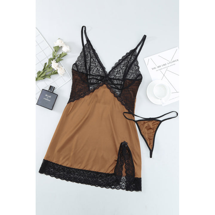 Womens Apricot Lace Spice Satin Babydoll with Slit Image 6