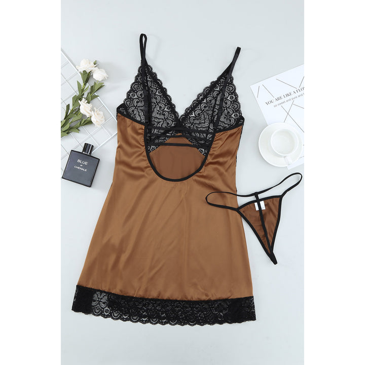 Womens Apricot Lace Spice Satin Babydoll with Slit Image 7
