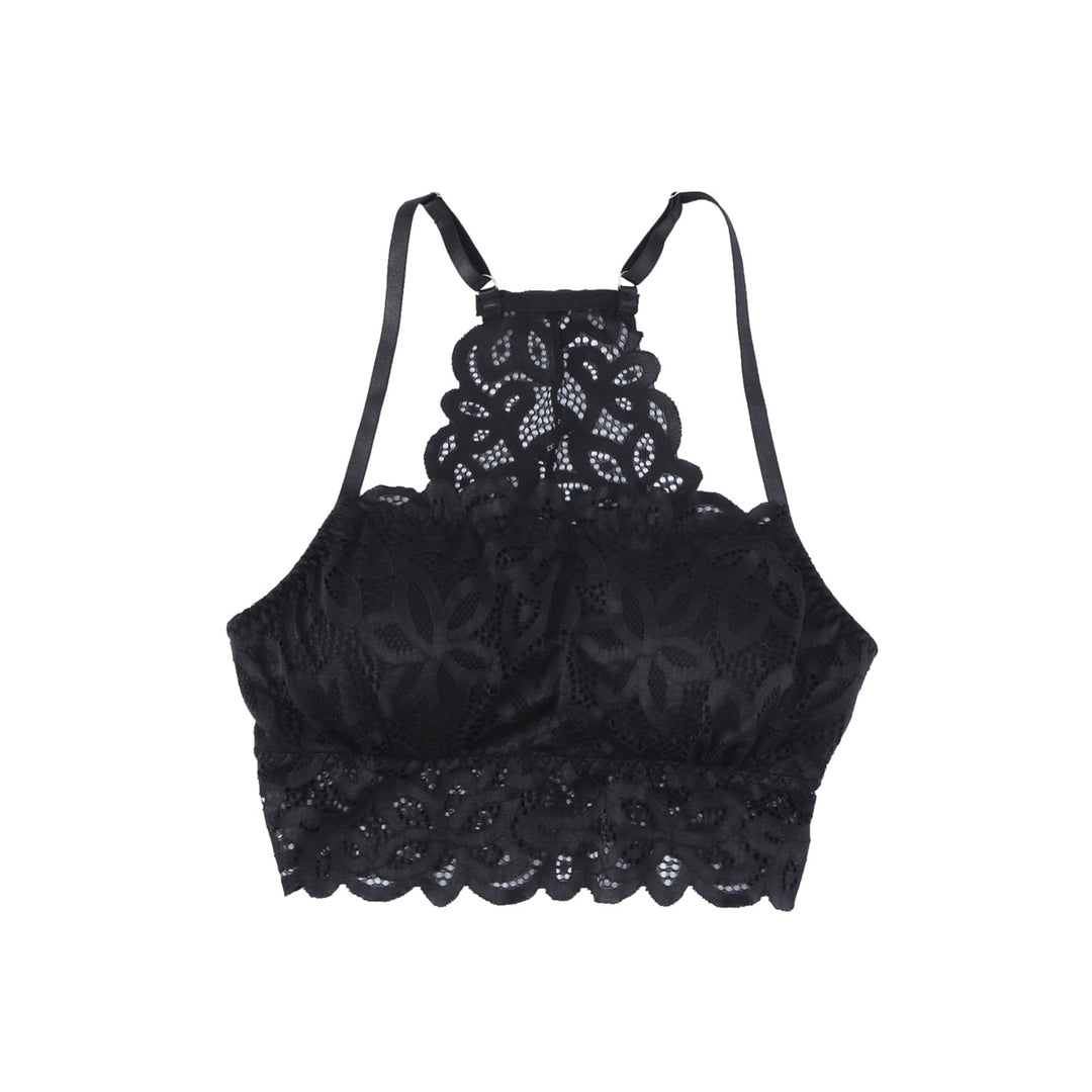 Womens Black Lace Floral Crochet Spaghetti Strap Bralette Image 12