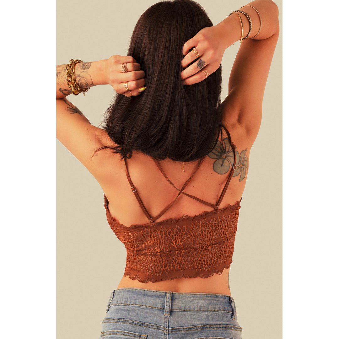 Womens Brown Criss Cross Spaghetti Strap Lace Bralette Image 2