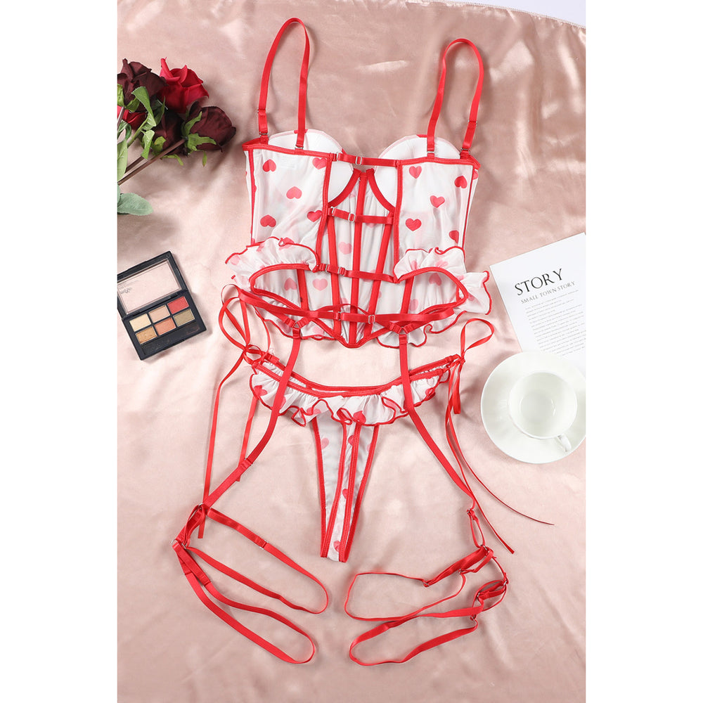 Womens Red Heart Print Ruffled Strappy Three-piece Lingerie Set Image 2
