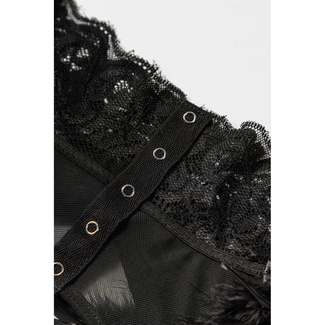 Womens Black 3pcs Lace Mesh Lingerie Set with Feather Garter Belt Image 7