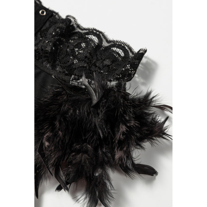 Womens Black 3pcs Lace Mesh Lingerie Set with Feather Garter Belt Image 8