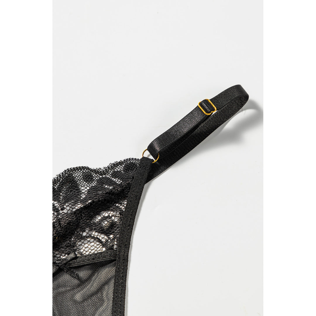Womens Black 3pcs Lace Mesh Lingerie Set with Feather Garter Belt Image 9