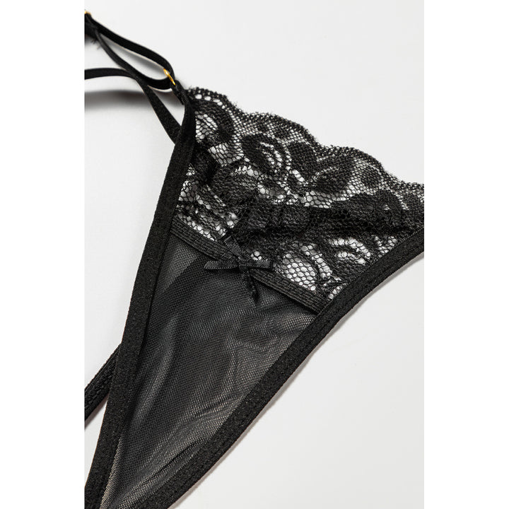Womens Black 3pcs Lace Mesh Lingerie Set with Feather Garter Belt Image 10