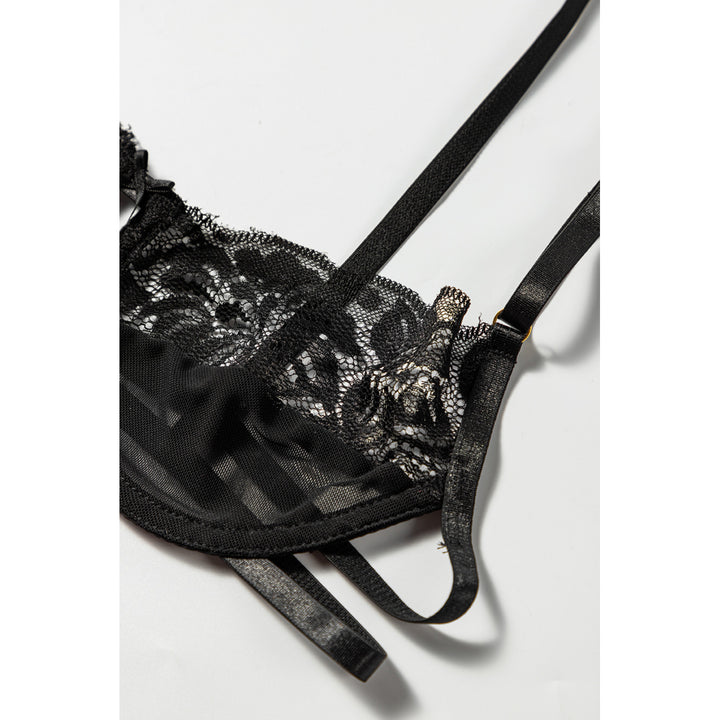 Womens Black 3pcs Lace Mesh Lingerie Set with Feather Garter Belt Image 11