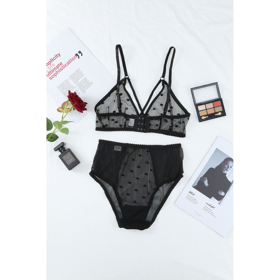 Womens Black Polka Dot Lace Mesh Sexy Bralette Set Image 6