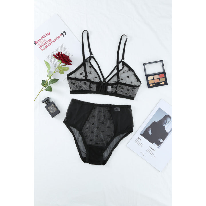 Womens Black Polka Dot Lace Mesh Sexy Bralette Set Image 7