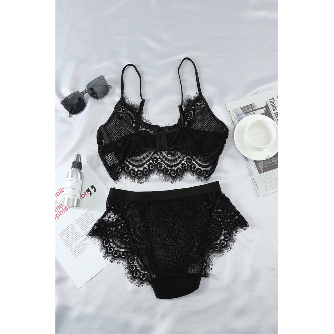 Womens Black Spaghetti Strap Eyelash Lace Bra Set Image 11