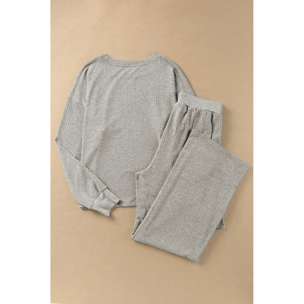 Womens Gray Ribbed Drop Shoulder Pullover and Pants Lounge Set Image 2