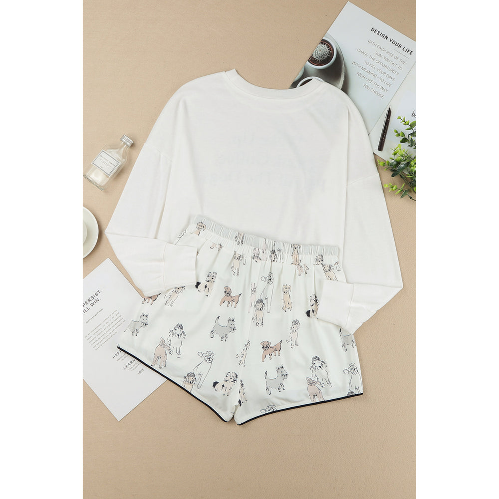 Womens White Long Sleeve Letters Pullover and Animal Shorts Lounge Set Image 2