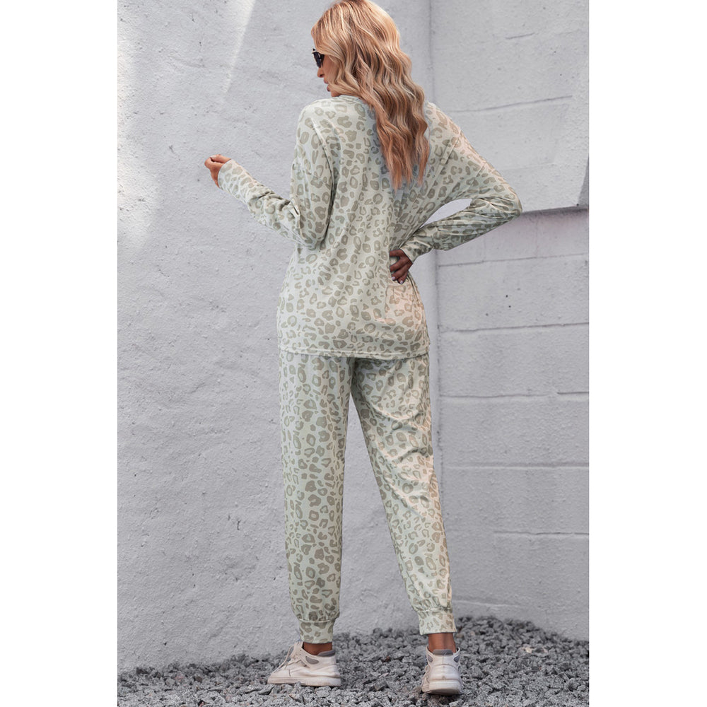 Womens Leopard Print Long Sleeve Top and Drawstring Joggers Loungewear Image 2