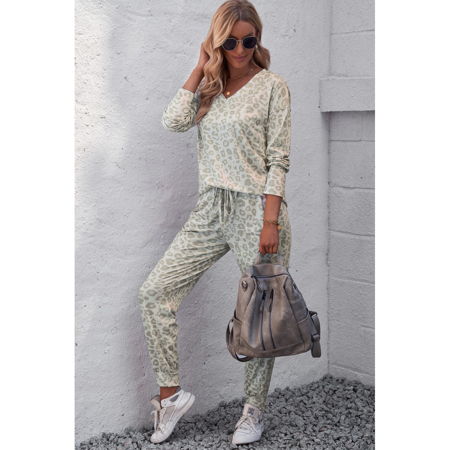 Womens Leopard Print Long Sleeve Top and Drawstring Joggers Loungewear Image 1