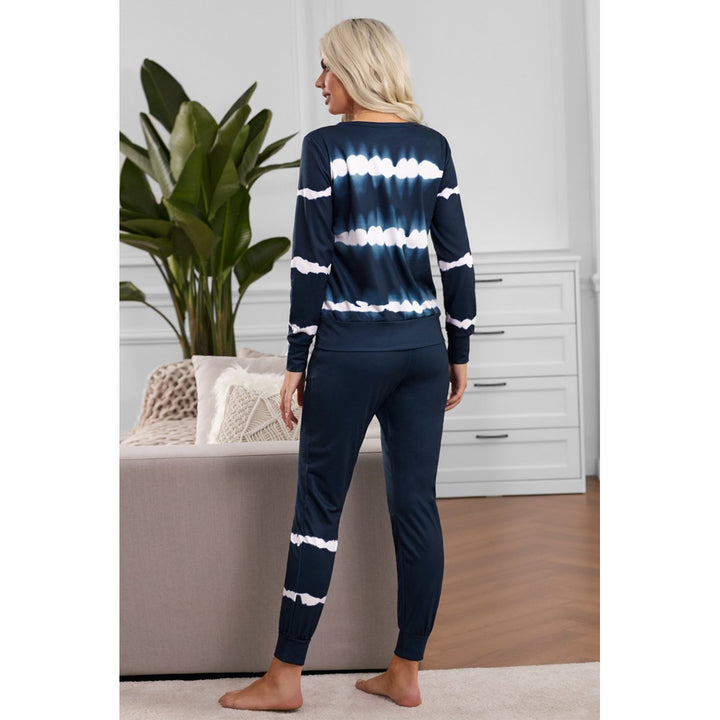 Womens Navy Tie-dye Stripes Pullover Top and Pants Lounge Set Image 1
