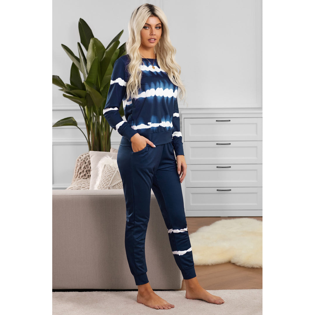 Womens Navy Tie-dye Stripes Pullover Top and Pants Lounge Set Image 3