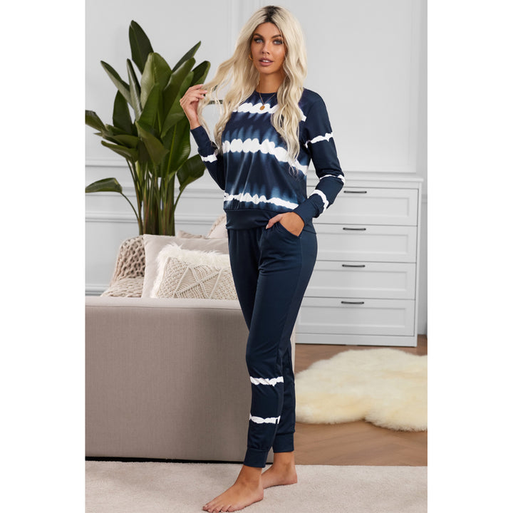 Womens Navy Tie-dye Stripes Pullover Top and Pants Lounge Set Image 4