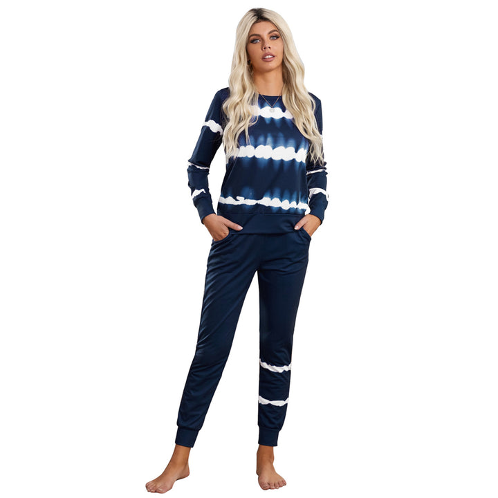 Womens Navy Tie-dye Stripes Pullover Top and Pants Lounge Set Image 6