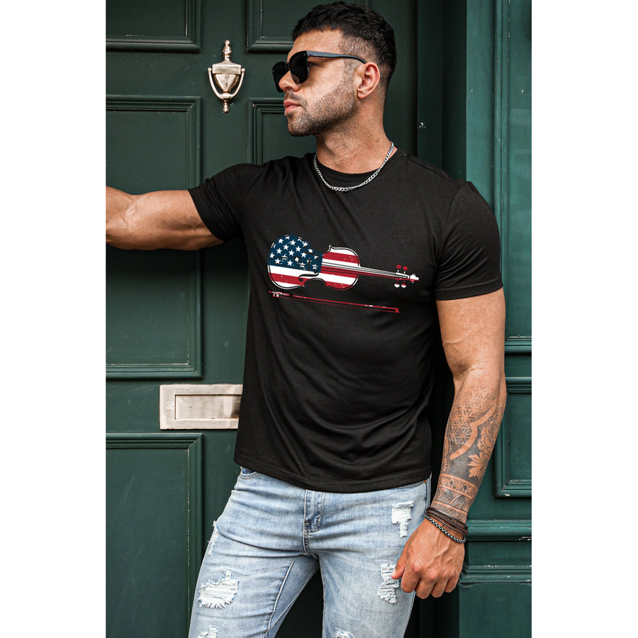 Mens Black American Flag Guitar Print Short Sleeve T-shirt Image 1