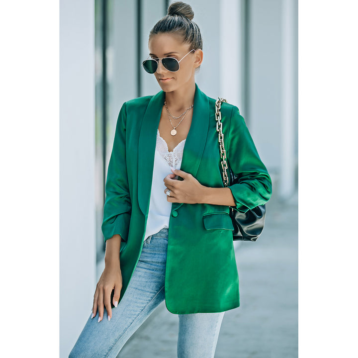Womens Green Lapel Collar Pocketed Satin Blazer Image 3