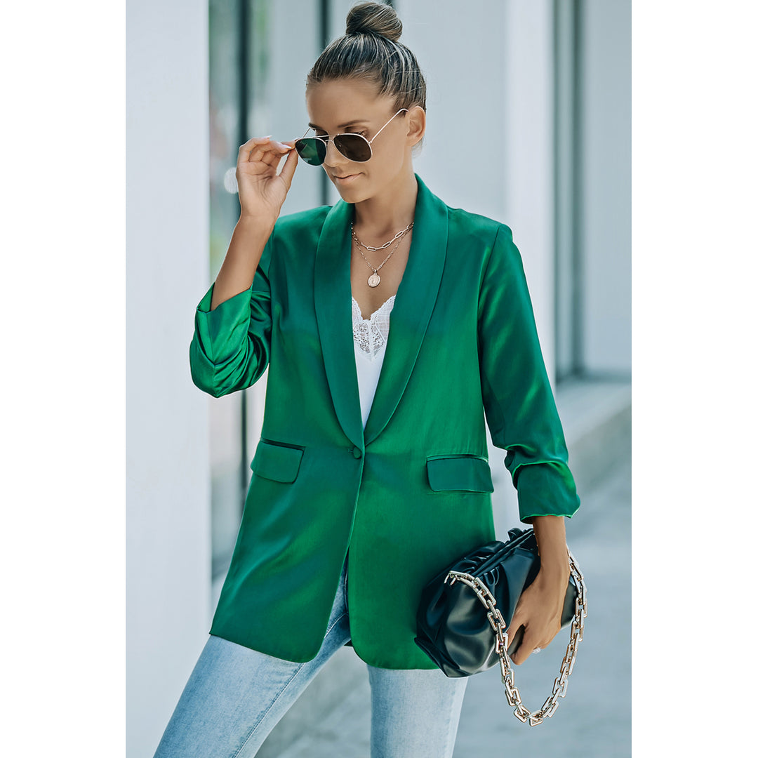 Womens Green Lapel Collar Pocketed Satin Blazer Image 6