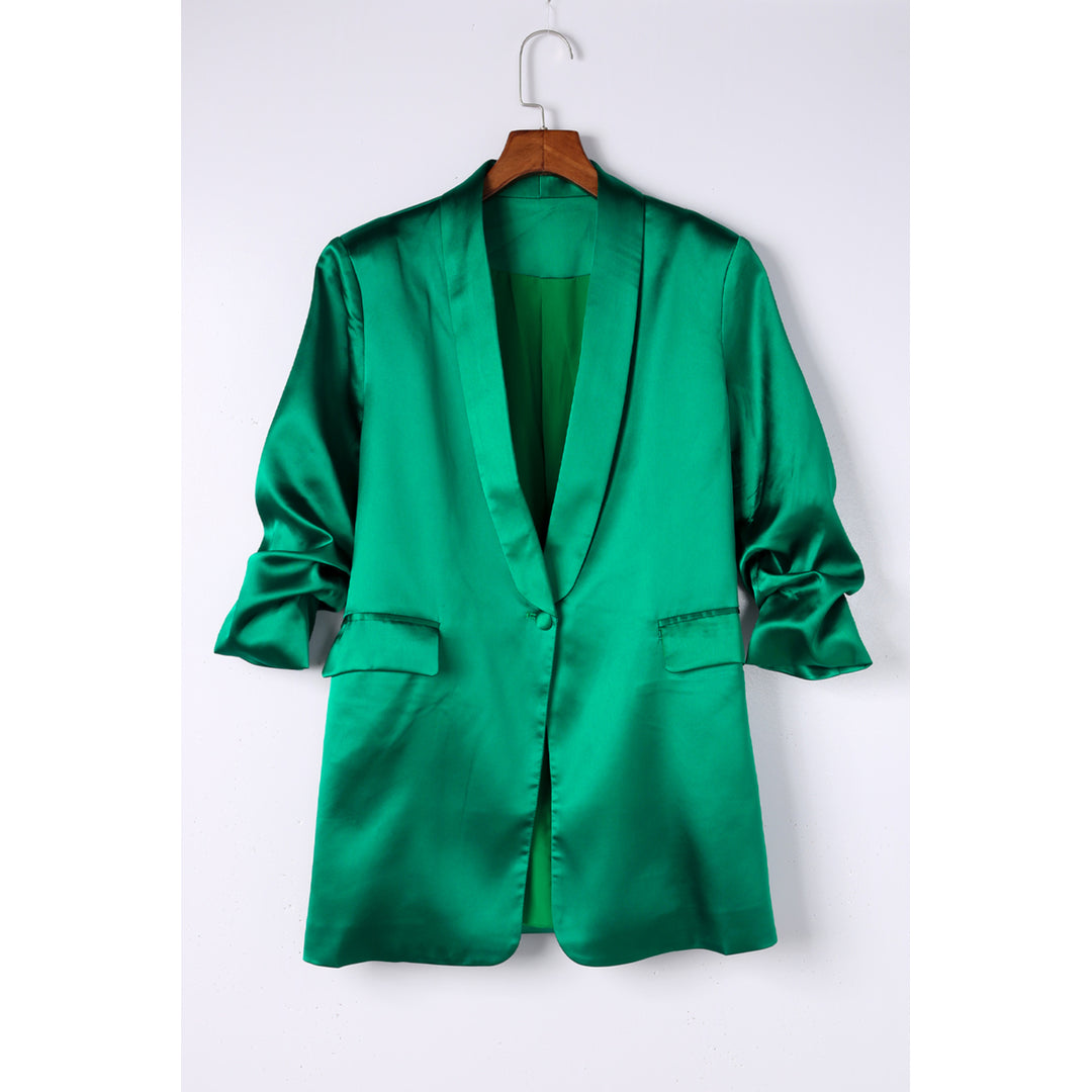 Womens Green Lapel Collar Pocketed Satin Blazer Image 7