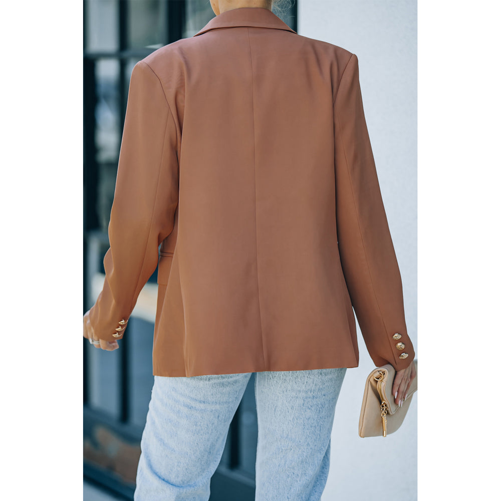 Women's Brown Double Breasted Lapel Long Sleeve Blazer Image 2